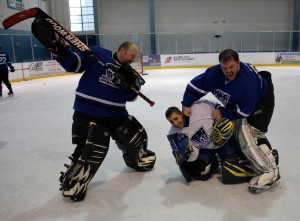Blue vs. White rivalry runs deep at Morristown camp. Blue keeper vets Myles and Matty execute a "hit" on White team star keeper Tommy "Tourettes"